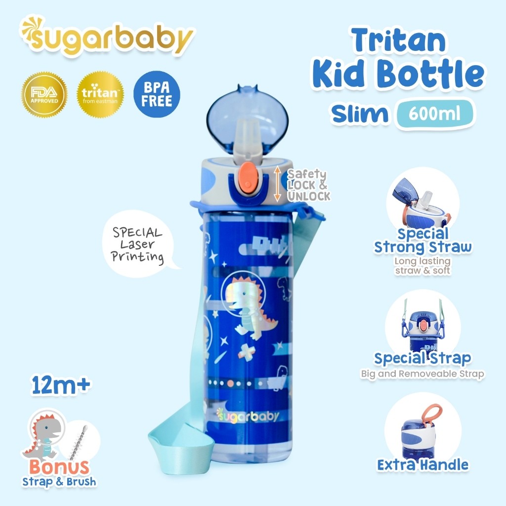 Sugarbaby Tritan Kid Bottle Slim 600 ml botol minum anak BPA free Aman/Sedotan awet/Premium Tritan Eastman Bottle/Botol Laser Printing