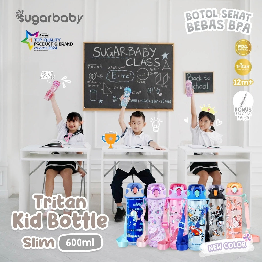 Sugarbaby Tritan Kid Bottle Slim 600 ml botol minum anak BPA free Aman/Sedotan awet/Premium Tritan Eastman Bottle/Botol Laser Printing