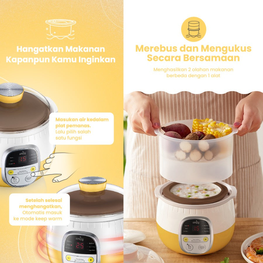 Emily Slow Cooker + Steamer 0.8L Clay Pot / Baby & Family Food Maker - Corn Yellow