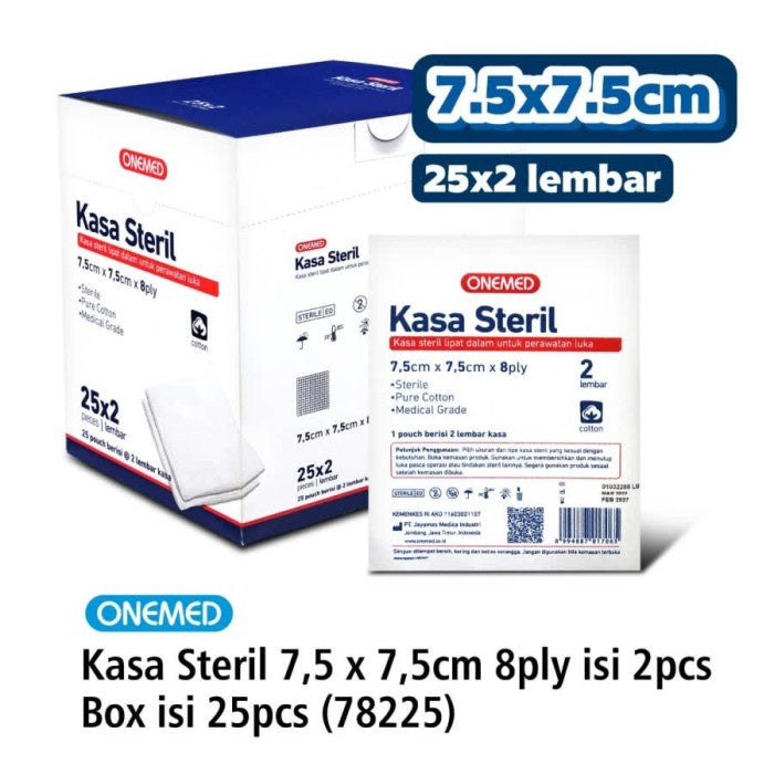 Kasa Steril 7,5 x 7,5 cm OneMed 8 ply Isi 2 Lembar Box isi 25 Pouch