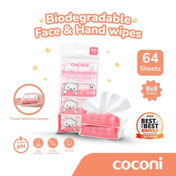 COCONI Biodegradable Face & Hand Baby Wipes | Tisu Basah Bayi 64 Lbr