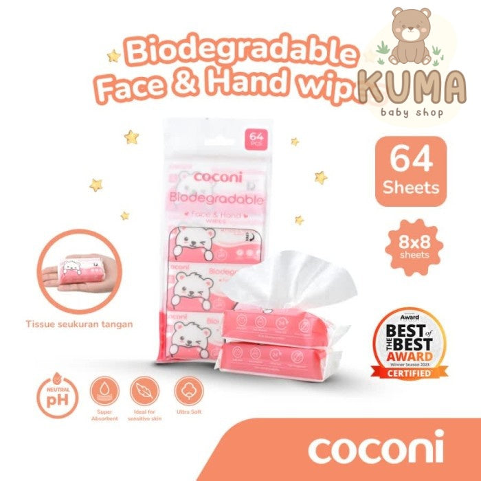 COCONI Biodegradable Face & Hand Baby Wipes | Tisu Basah Bayi 64 Lbr