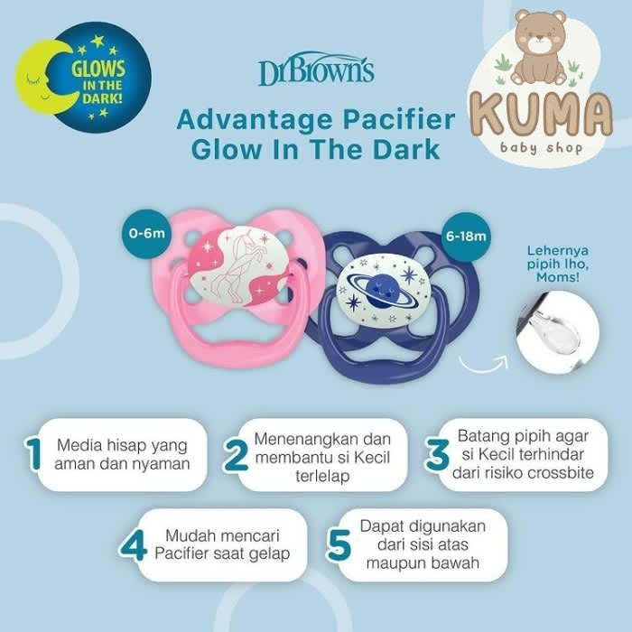 Dr Brown Advantage Pacifier Glow In the Dark stage 1 & stage 2 kompeng