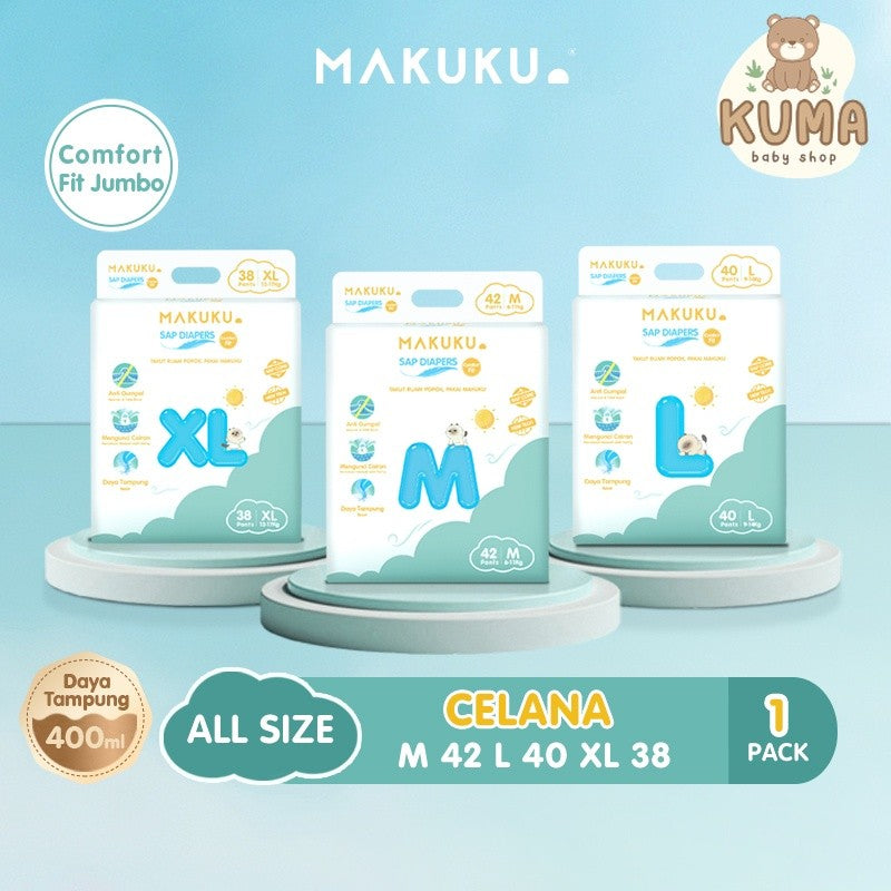 MAKUKU SAP Diapers Comfort Fit Jumbo Pants/Tape M/L/XL Popok Bayi Tipis Extra Dry Anti Gumpal Mengunci Cairan Cepat Kering Type Celana