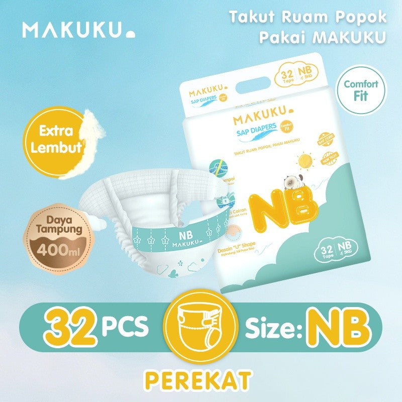 MAKUKU SAP Diapers Comfort Fit Mini Pants / Tape NB32/S28/M26/L24/Xl22/XXL20 Popok Bayi Tipis Extra Dry Anti Gumpal Mengunci Cairan Cepat Kering Type Celana/Perekat