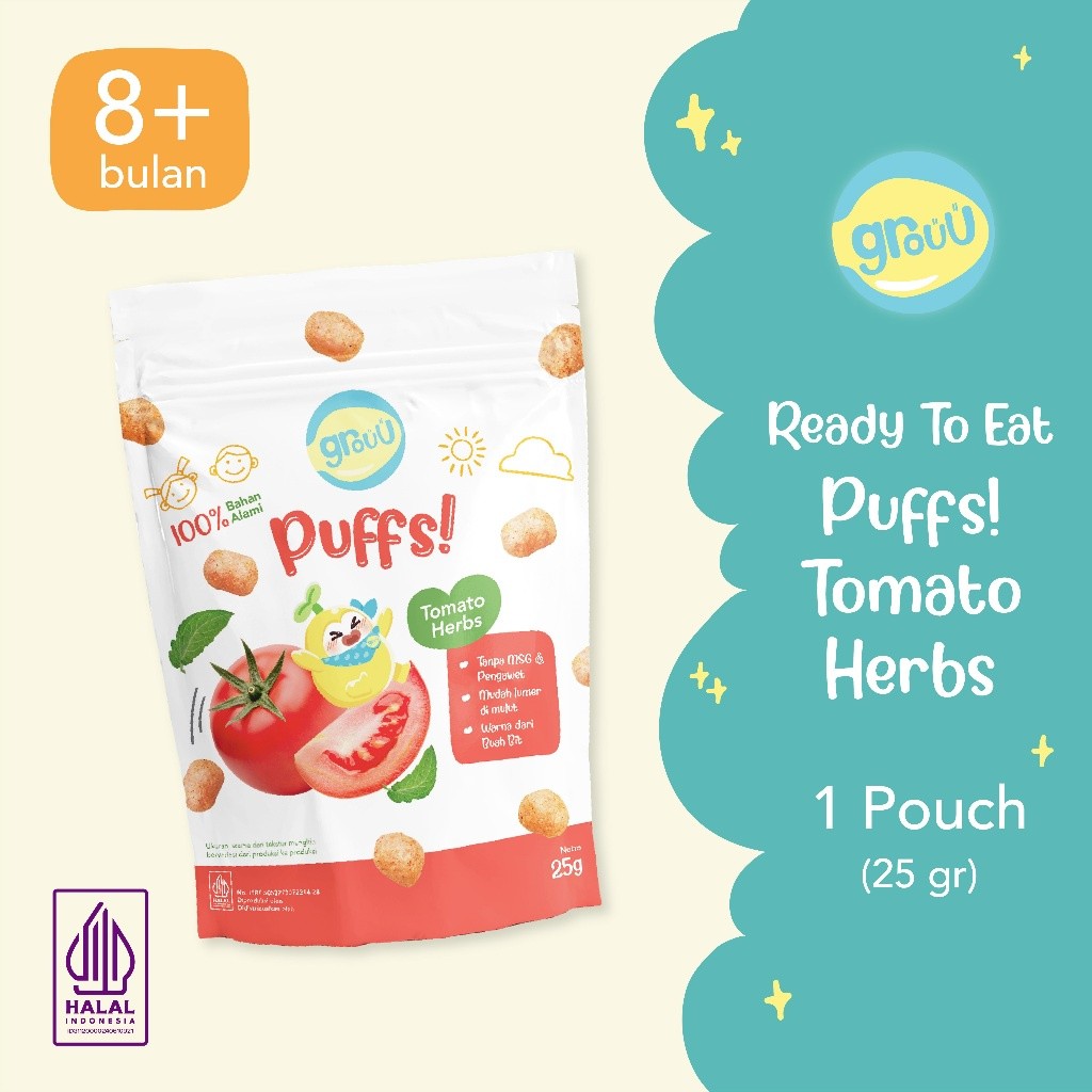 Grouu - Puffs! Strawberry Banana/Tomato Herbs 150gr - Camilan MPASI - Snack Sehat - NO MSG - Snack Bayi - Cemilan Biskuit Bayi Grouu