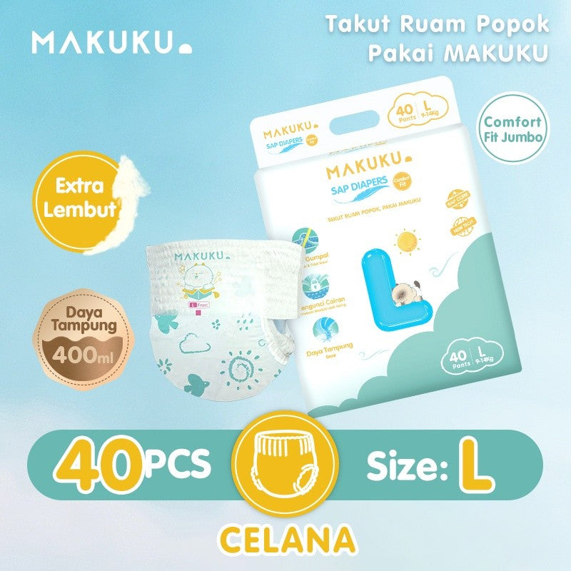 MAKUKU SAP Diapers Comfort Fit Jumbo Pants/Tape M/L/XL Popok Bayi Tipis Extra Dry Anti Gumpal Mengunci Cairan Cepat Kering Type Celana