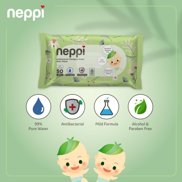 Neppi Antibacterial Diaper Wipes Non-Parfum - 50s (Buy 1 Get 1 Free)