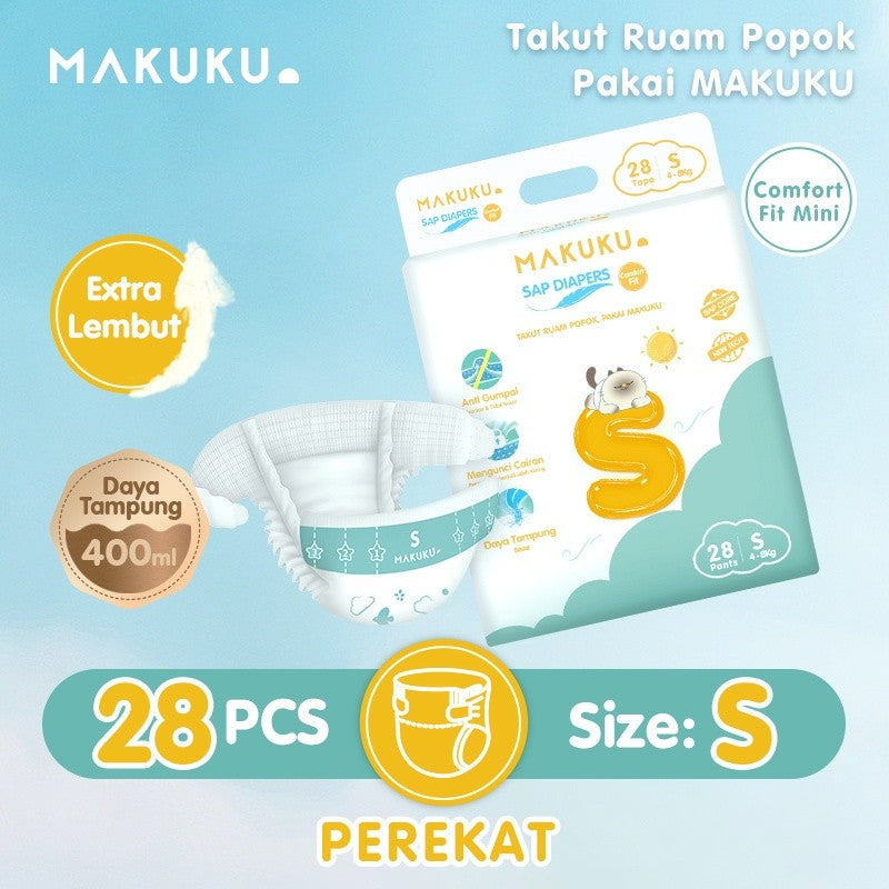 MAKUKU SAP Diapers Comfort Fit Mini Pants / Tape NB32/S28/M26/L24/Xl22/XXL20 Popok Bayi Tipis Extra Dry Anti Gumpal Mengunci Cairan Cepat Kering Type Celana/Perekat