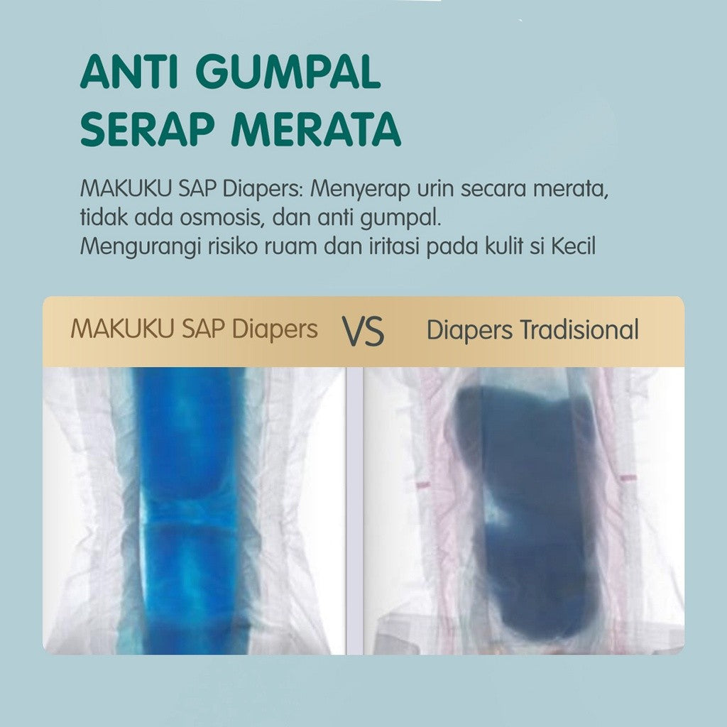 MAKUKU SAP Diapers Comfort Fit Jumbo Pants/Tape M/L/XL Popok Bayi Tipis Extra Dry Anti Gumpal Mengunci Cairan Cepat Kering Type Celana