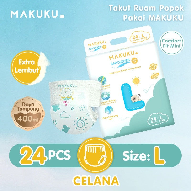 MAKUKU SAP Diapers Comfort Fit Mini Pants / Tape NB32/S28/M26/L24/Xl22/XXL20 Popok Bayi Tipis Extra Dry Anti Gumpal Mengunci Cairan Cepat Kering Type Celana/Perekat