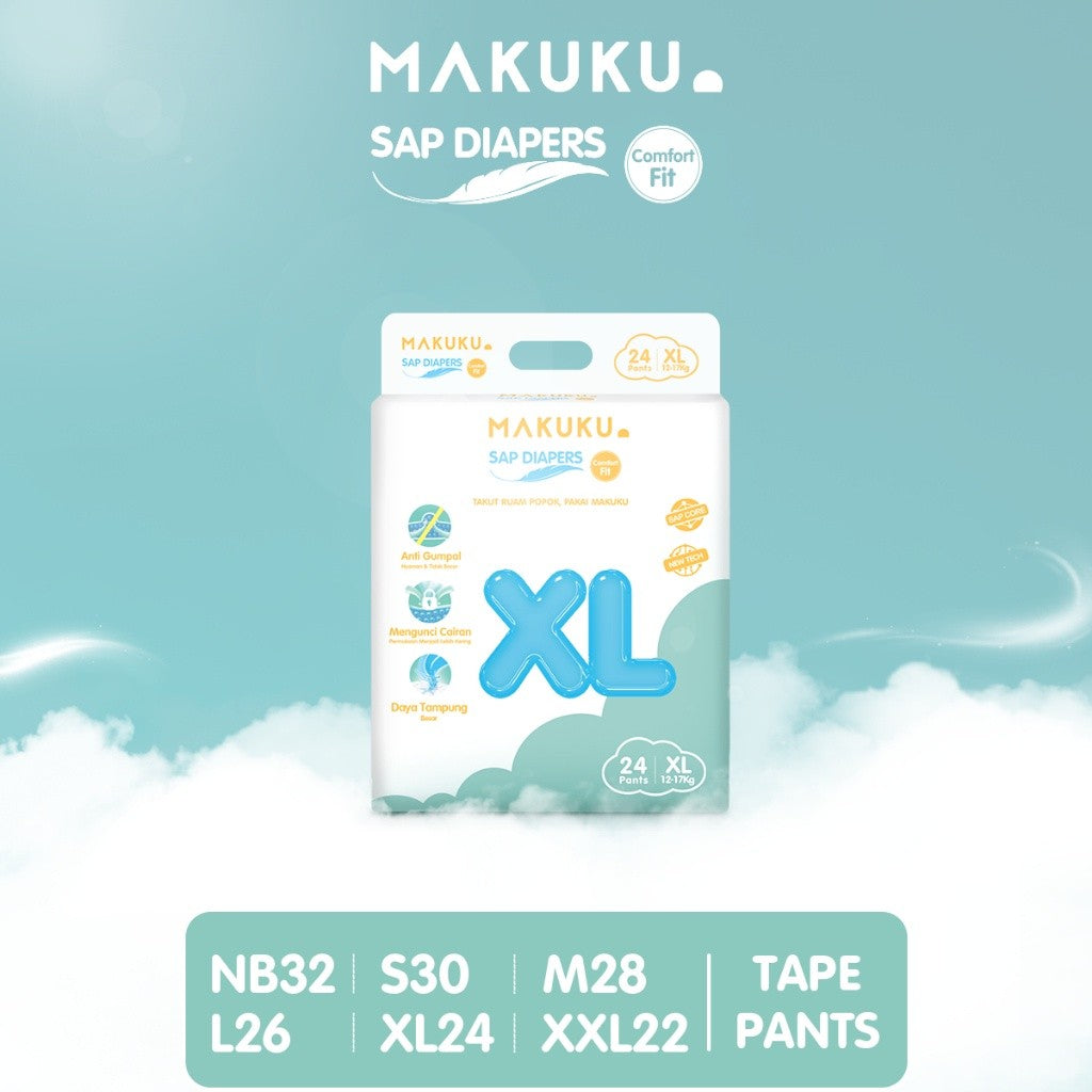 MAKUKU SAP Diapers Comfort Fit Mini Pants / Tape NB32/S28/M26/L24/Xl22/XXL20 Popok Bayi Tipis Extra Dry Anti Gumpal Mengunci Cairan Cepat Kering Type Celana/Perekat
