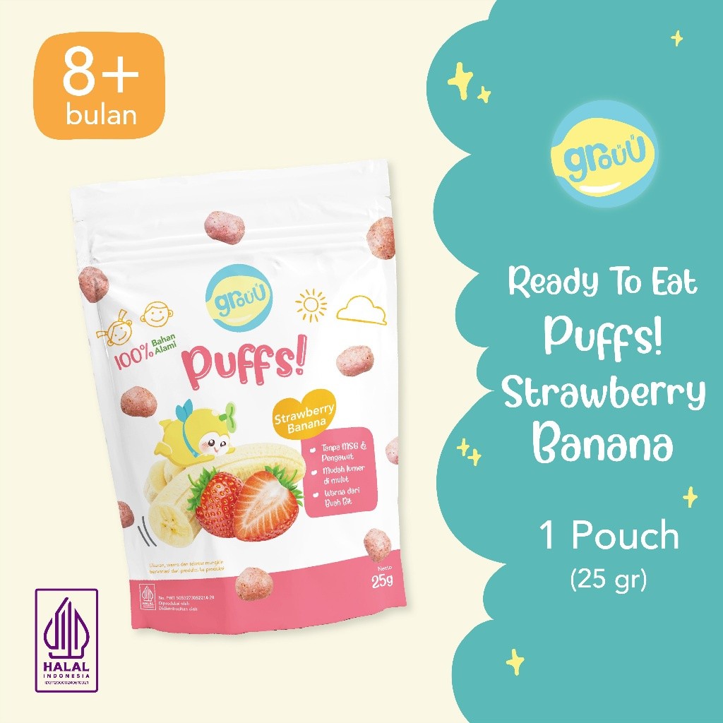 Grouu - Puffs! Strawberry Banana/Tomato Herbs 150gr - Camilan MPASI - Snack Sehat - NO MSG - Snack Bayi - Cemilan Biskuit Bayi Grouu