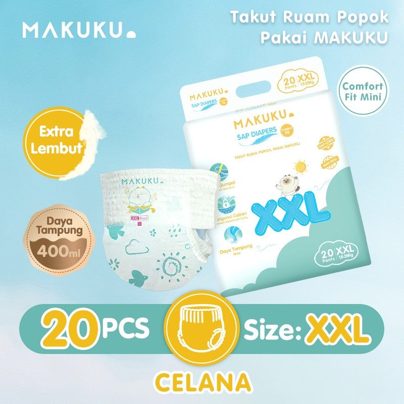 MAKUKU SAP Diapers Comfort Fit Mini Pants / Tape NB32/S28/M26/L24/Xl22/XXL20 Popok Bayi Tipis Extra Dry Anti Gumpal Mengunci Cairan Cepat Kering Type Celana/Perekat