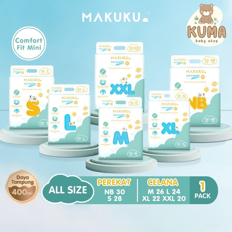 MAKUKU SAP Diapers Comfort Fit Mini Pants / Tape NB32/S28/M26/L24/Xl22/XXL20 Popok Bayi Tipis Extra Dry Anti Gumpal Mengunci Cairan Cepat Kering Type Celana/Perekat