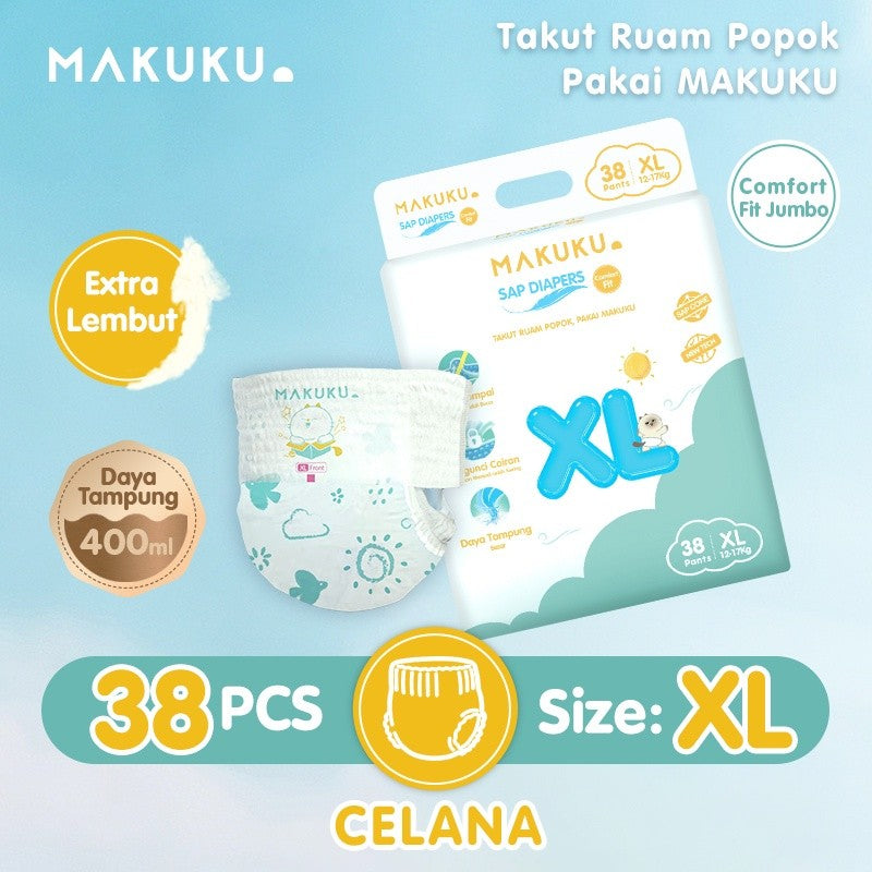 MAKUKU SAP Diapers Comfort Fit Jumbo Pants/Tape M/L/XL Popok Bayi Tipis Extra Dry Anti Gumpal Mengunci Cairan Cepat Kering Type Celana
