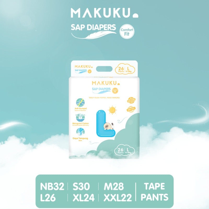 MAKUKU SAP Diapers Comfort Fit Mini Pants / Tape NB32/S28/M26/L24/Xl22/XXL20 Popok Bayi Tipis Extra Dry Anti Gumpal Mengunci Cairan Cepat Kering Type Celana/Perekat
