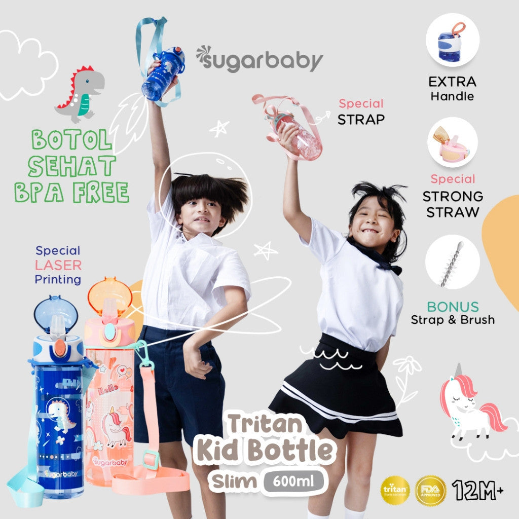 Sugarbaby Tritan Kid Bottle Slim 600 ml botol minum anak BPA free Aman/Sedotan awet/Premium Tritan Eastman Bottle/Botol Laser Printing