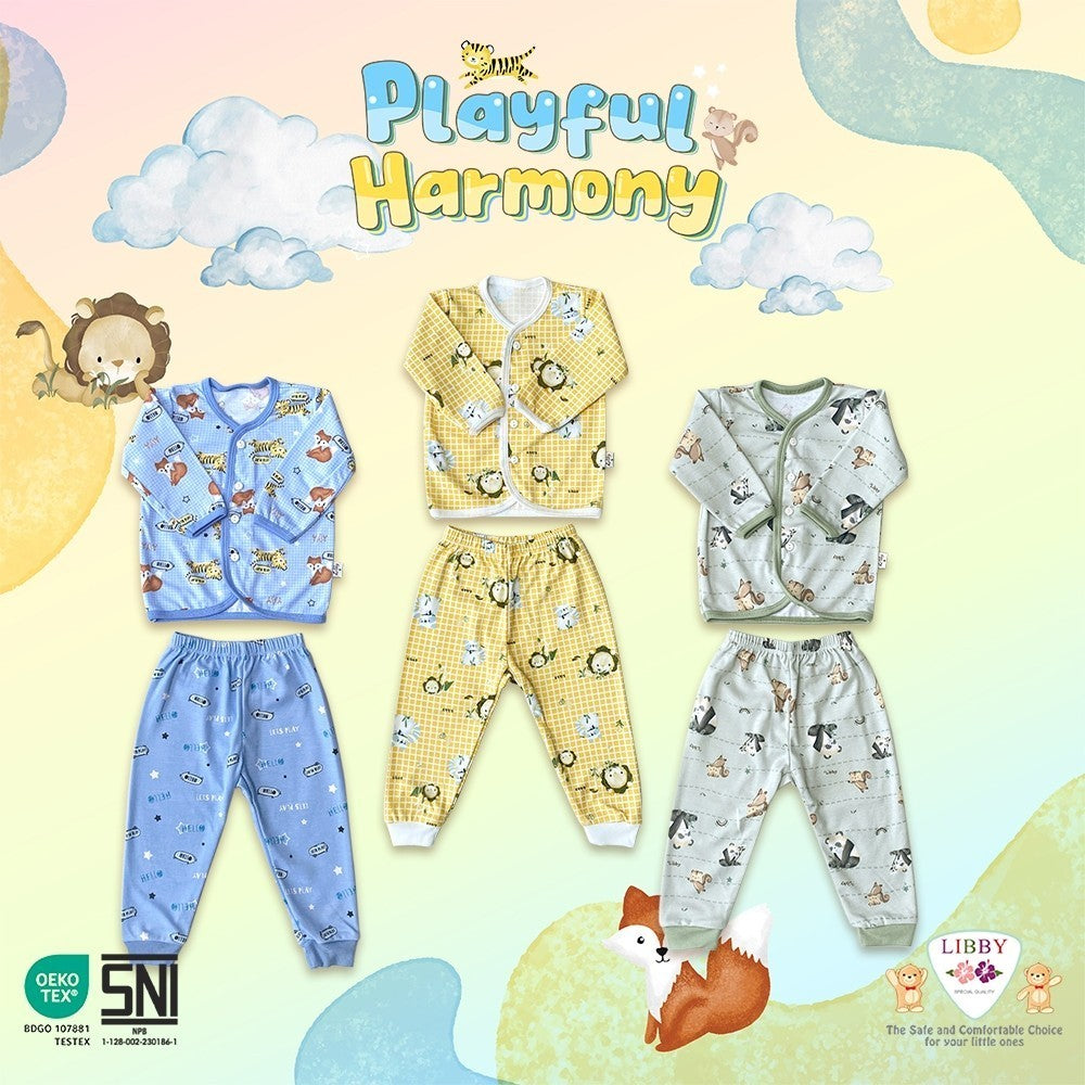 LIBBY Setelan Piyama Baju Kancing Depan Anak Laki Laki Perempuan Motif Playful Harmony (1 Stel)