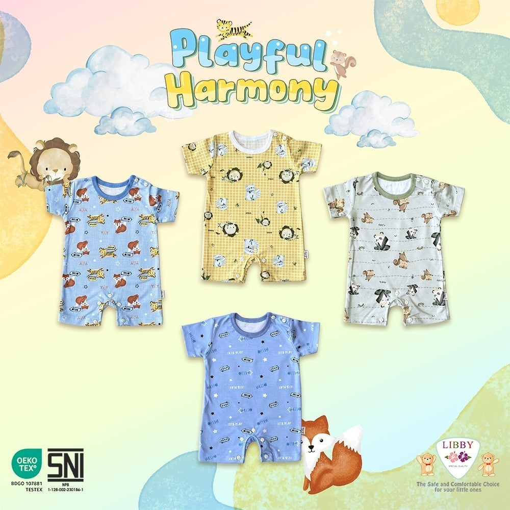 LIBBY Piyama Baju Kodok Newborn Bayi Laki laki Perempuan Motif Playful Harmony (1 pcs)-Sleepsuit-Bodysuit-Play Suit-Jumper Pendek-Jumper Panjang