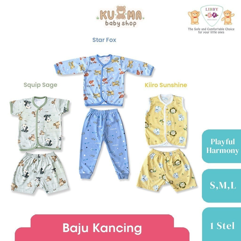 LIBBY Setelan Piyama Baju Kancing Depan Anak Laki Laki Perempuan Motif Playful Harmony (1 Stel)