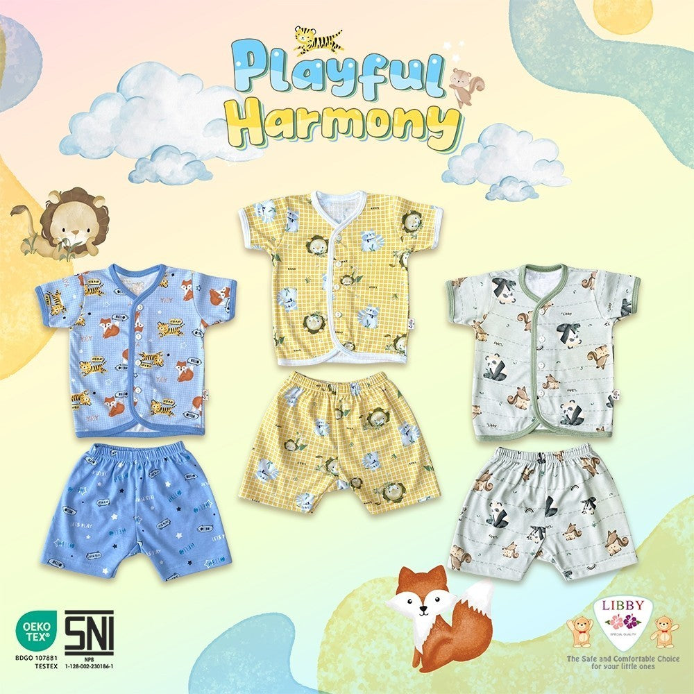 LIBBY Setelan Piyama Baju Kancing Depan Anak Laki Laki Perempuan Motif Playful Harmony (1 Stel)
