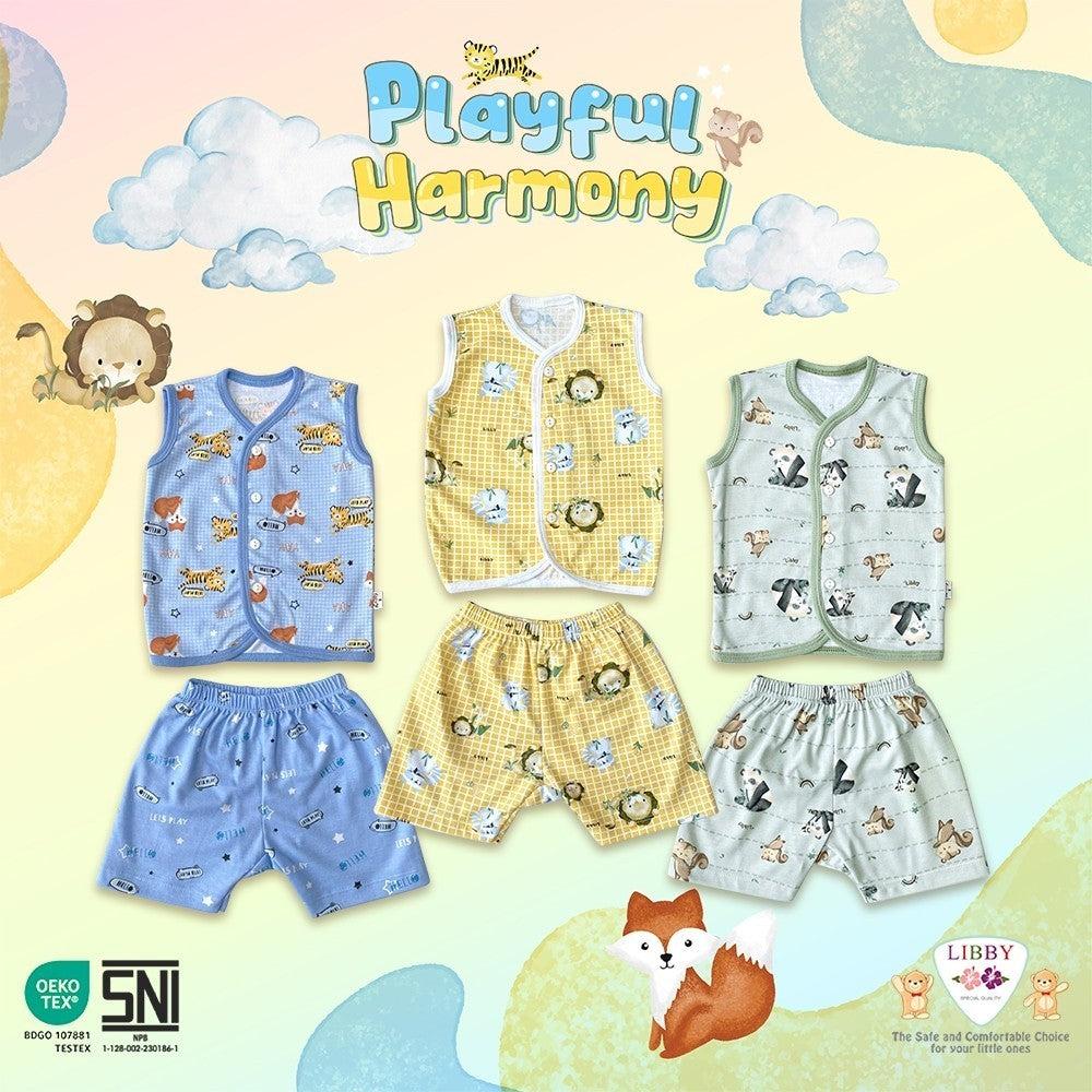 LIBBY Setelan Piyama Baju Kancing Depan Anak Laki Laki Perempuan Motif Playful Harmony (1 Stel)