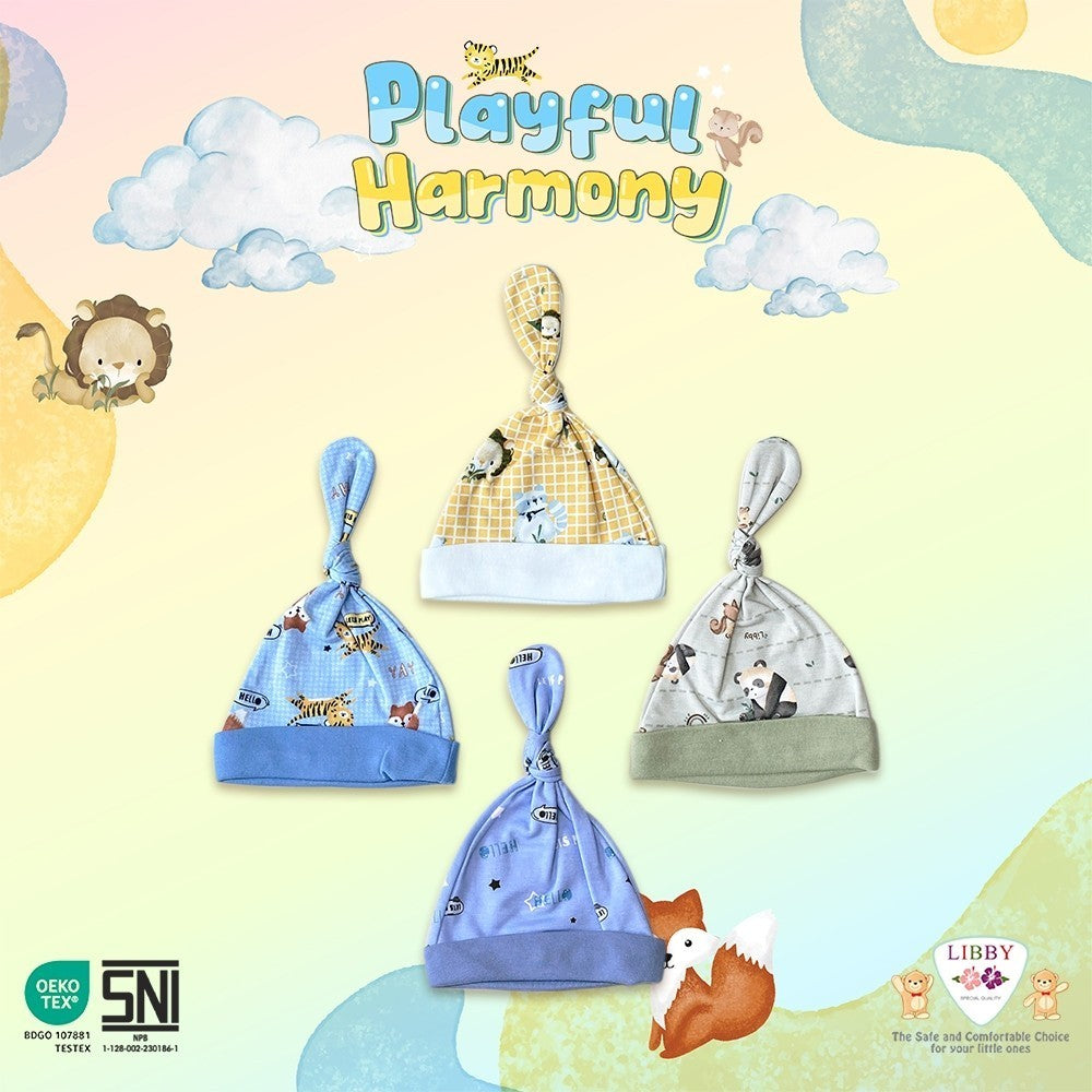 LIBBY Topi Bulat Tali Newborn Motif Playful Harmony (1 pcs)