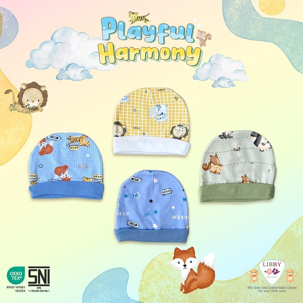 LIBBY Topi Bulat Tali Newborn Motif Playful Harmony (1 pcs)