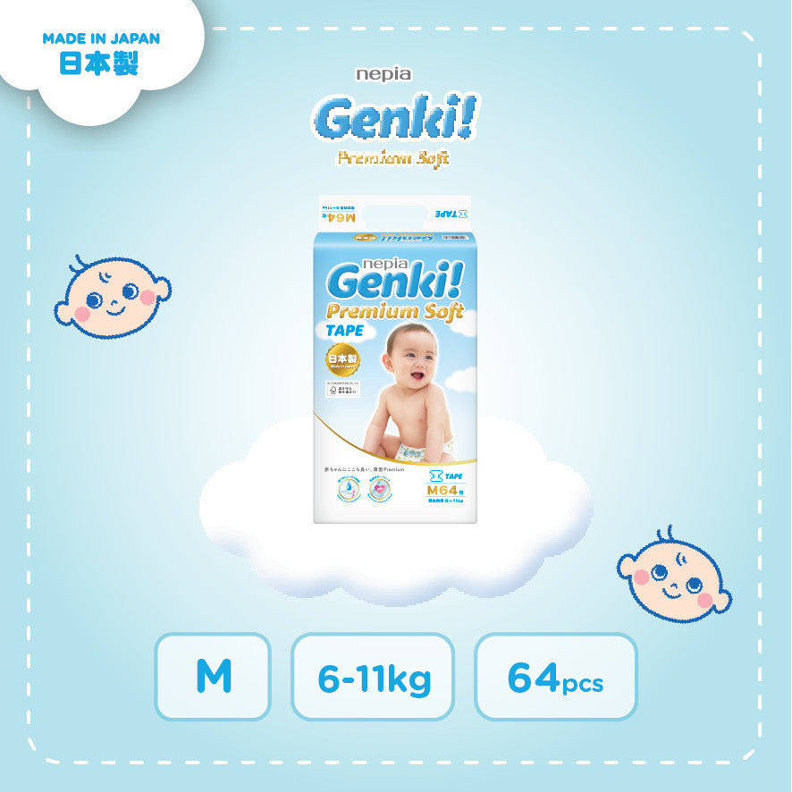 NEPIA GENKI Popok Bayi Tape/Perekat Popok Bayi Diapers Premium Soft NB44 / S72 / M64 / L54 / XL44 Single Pack