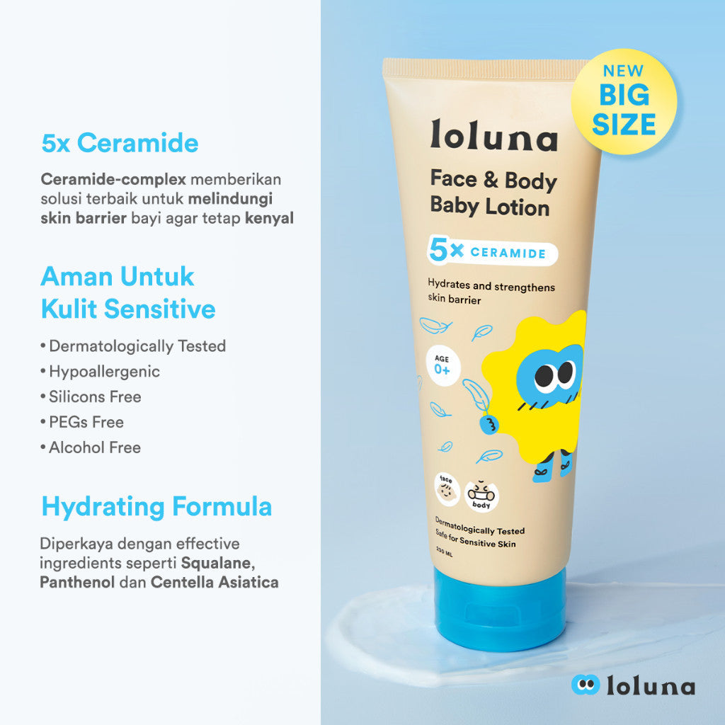 Loluna Face & Body Baby Lotion 200ml - Lotion Krim Muka dan Badan Bayi dan Anak / Krim untuk Newborn / 5x Ceramide