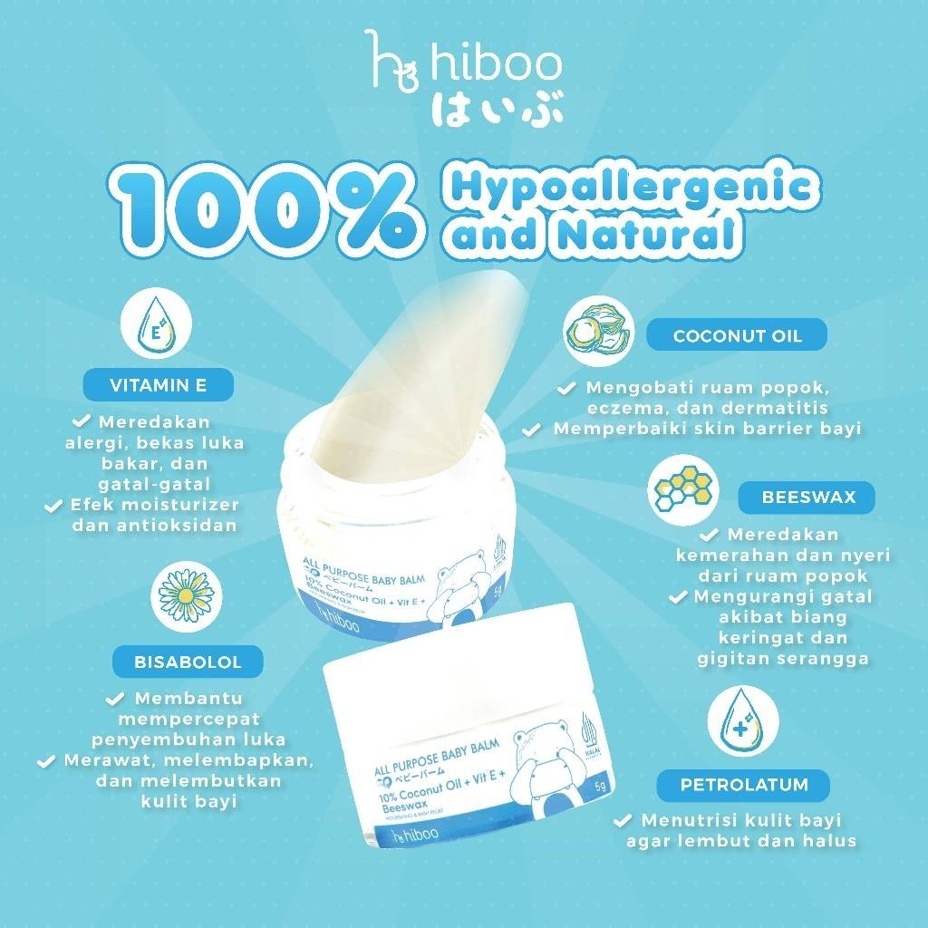 hiboo All Purpose Baby Balm 5g Travel Size with 10% Coconut Oil Vit E Beeswax - Natural Nourishing Calming Moisturizer - Balsem Salep Anak Bayi Ruam Popok Skincare A22