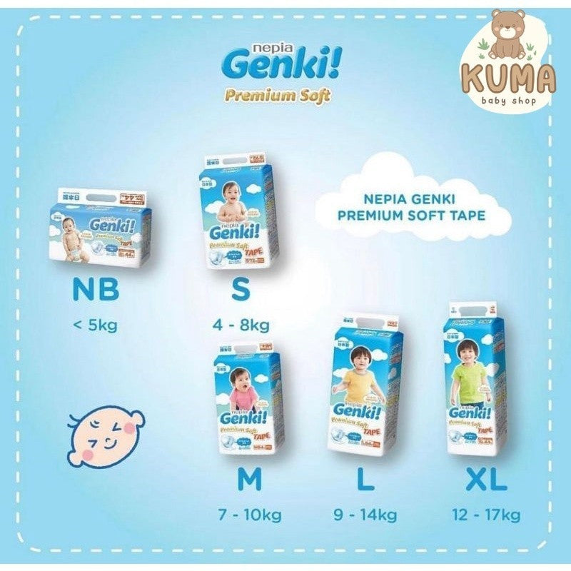 NEPIA GENKI Popok Bayi Tape/Perekat Popok Bayi Diapers Premium Soft NB44 / S72 / M64 / L54 / XL44 Single Pack
