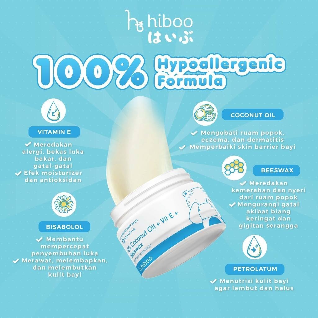 hiboo All Purpose Baby Balm 15g with 10% Coconut Oil Vit E Beeswax - Japan Natural Nourishing Calming Moisturizer - Balsem Salep Anak Bayi Ruam Popok Skincare A11