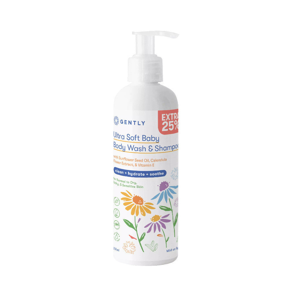 Gently Ultra Soft Body Wash & Shampoo 250ml Sls Free Calendula Sunflower Seed Gatal Ruam Bayi