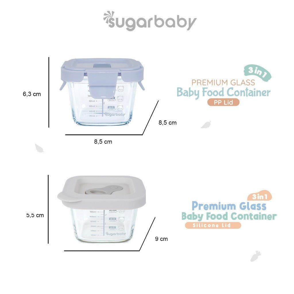 SugarBaby Premium Glass Jar Baby Food Container 3 pcs BPA FREE / Peralatan Makan Bayi MPASI / Wadah Mangkok Bayi Silicone Lid & Plastic Lid
