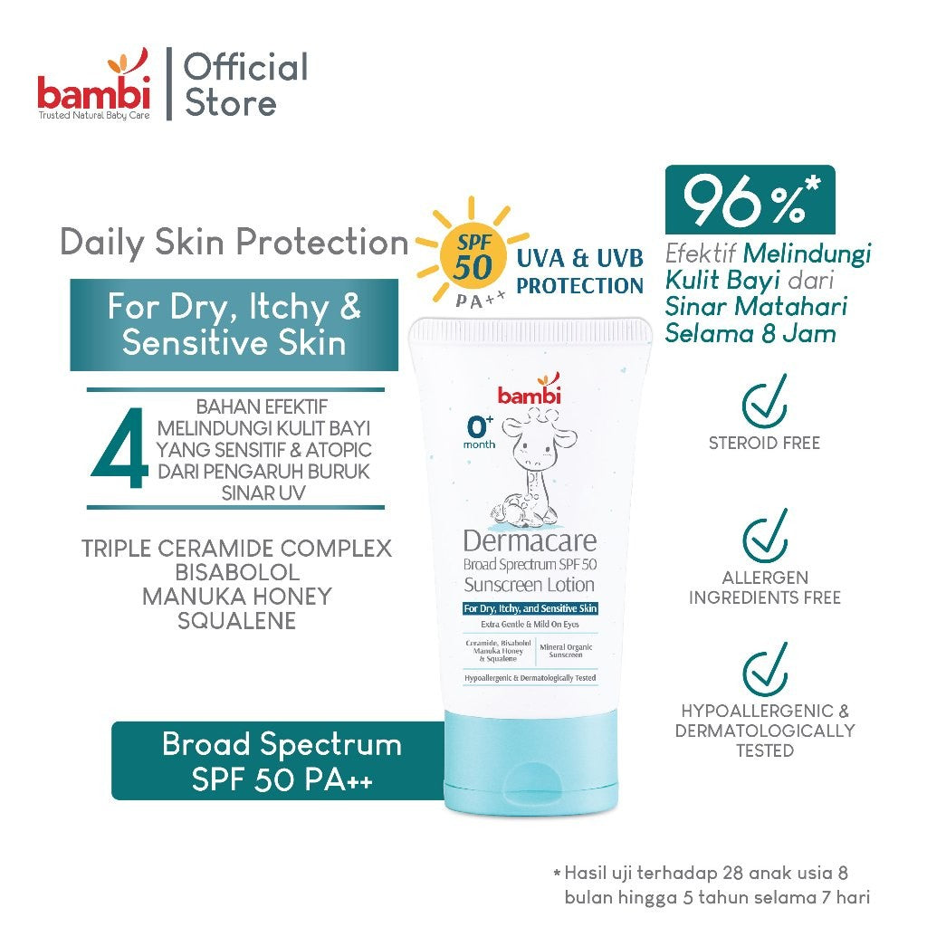 Bambi Dermacare Broad Spectrum SPF 50 Sunscreen Lotion | Sunscreen Pelindung Kulit Bayi dan Anak dari Sinar Matahari