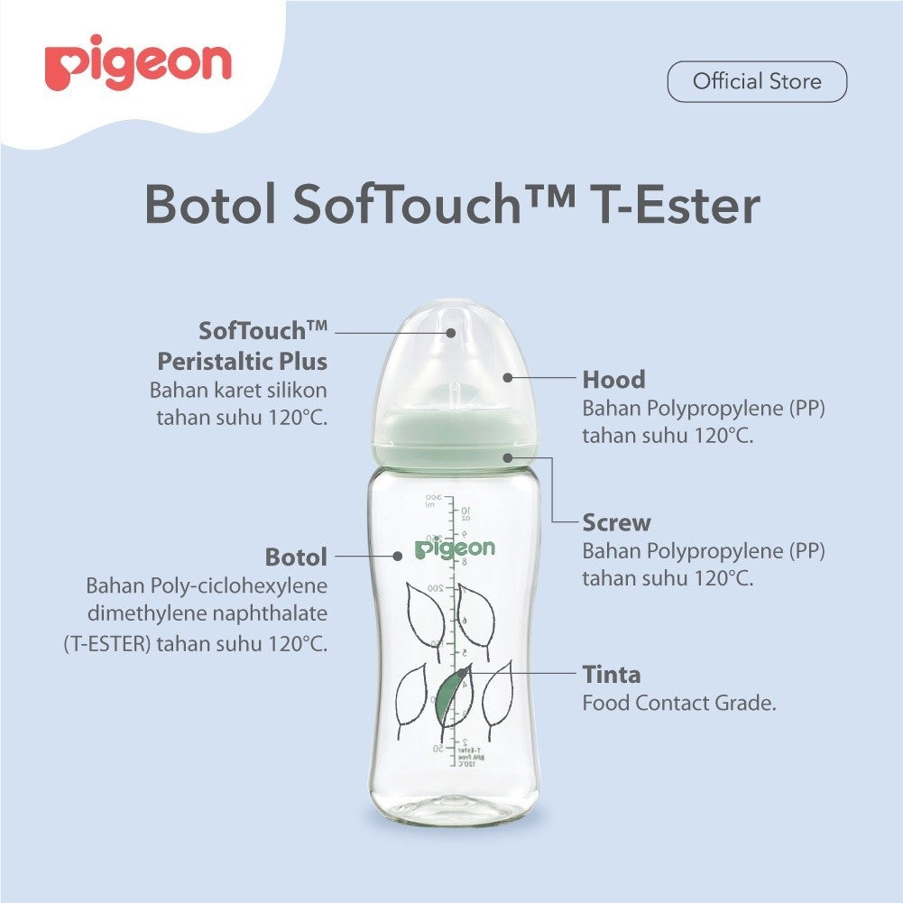 PIGEON Botol Softouch T-Ester Wide Neck Clear 200ml/300ML W/ P-Plus Nipple (BOTOL SUSU PIGEON) / Wide neck / perlengkapan menyusui anak bayi / Softouch / PPSU /botol susu kaca jernih / sinar uv