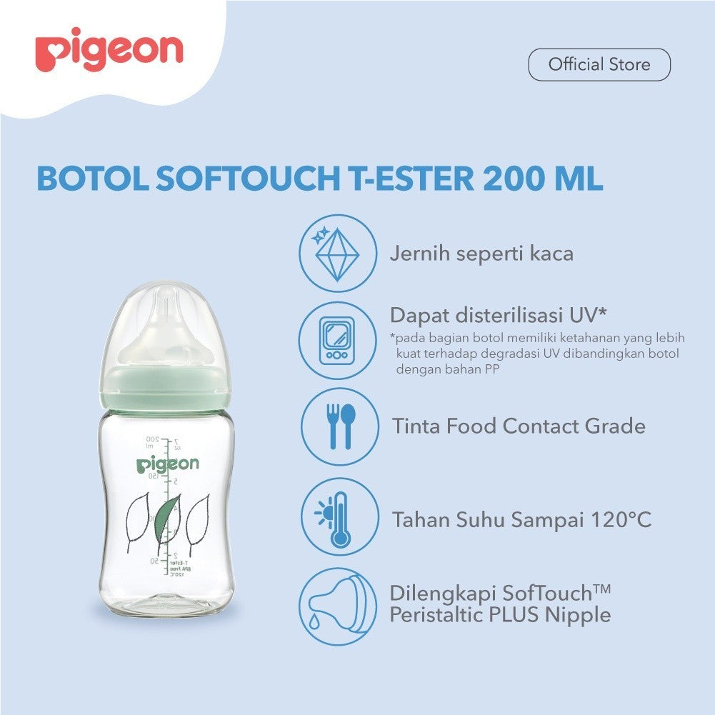 PIGEON Botol Softouch T-Ester Wide Neck Clear 200ml/300ML W/ P-Plus Nipple (BOTOL SUSU PIGEON) / Wide neck / perlengkapan menyusui anak bayi / Softouch / PPSU /botol susu kaca jernih / sinar uv