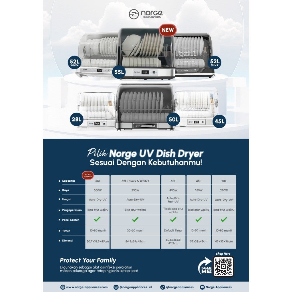 NORGE 4 in 1 Table-top UV Dish Dryer 55L 300W (NG-DD55UV) / Sterilizer / Rak Piring / Pengering Piring