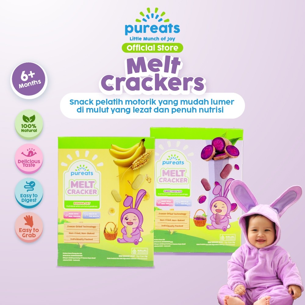 Pureats Melt Cracker camilan sehat untuk si kecil yang terbuat dari perpaduan buah dan sayuran segar pilihan