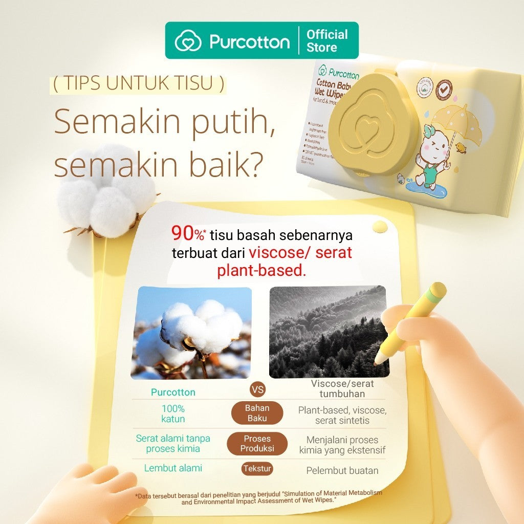 PURCOTTON Natural Baby Cotton Wet Wipes 20 Lembar - Tisu Basah Bayi Natural Non Alkohol Lembut dan Aman Ultra soft