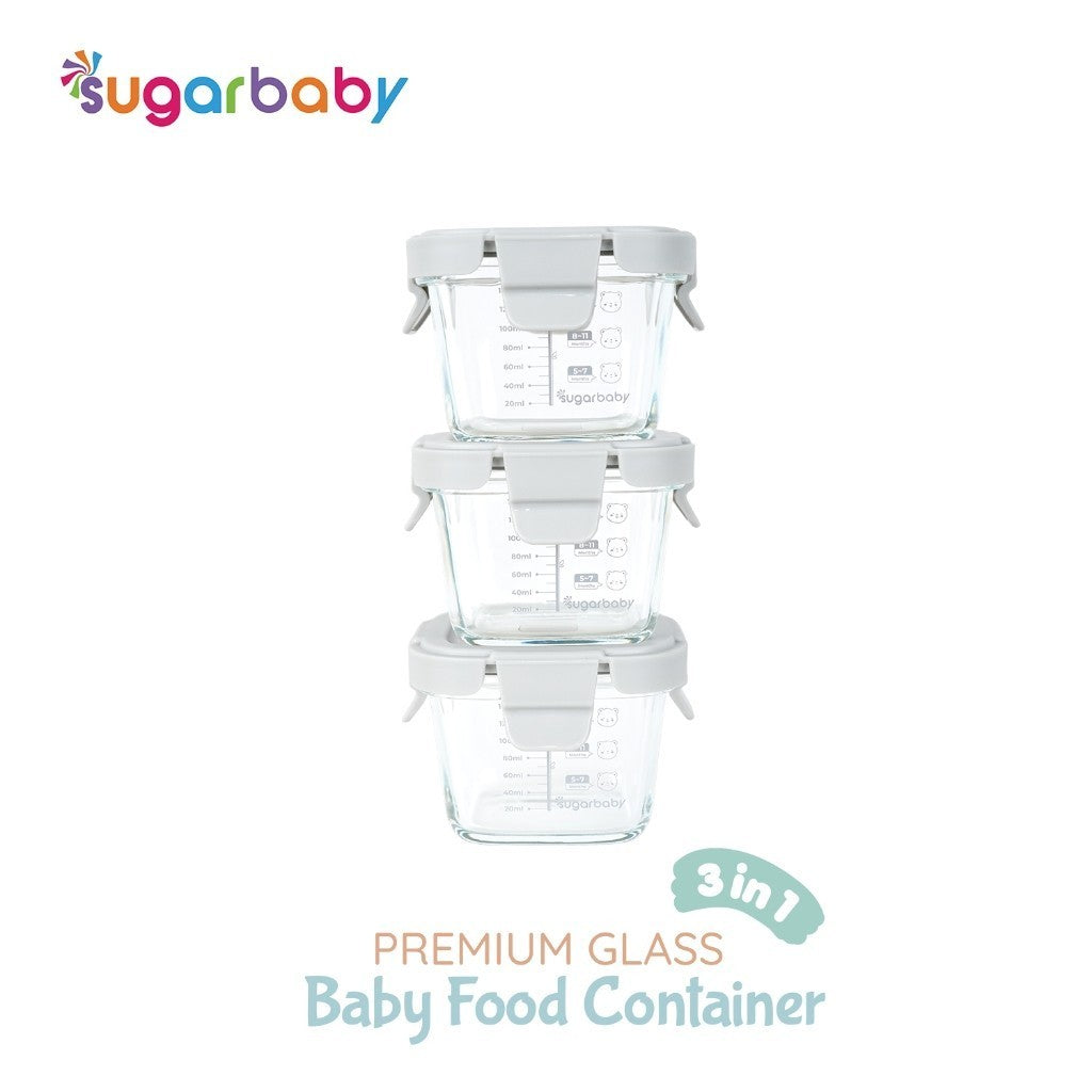 SugarBaby Premium Glass Jar Baby Food Container 3 pcs BPA FREE / Peralatan Makan Bayi MPASI / Wadah Mangkok Bayi Silicone Lid & Plastic Lid