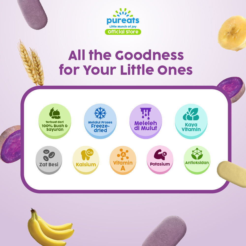 Pureats Melt Cracker camilan sehat untuk si kecil yang terbuat dari perpaduan buah dan sayuran segar pilihan