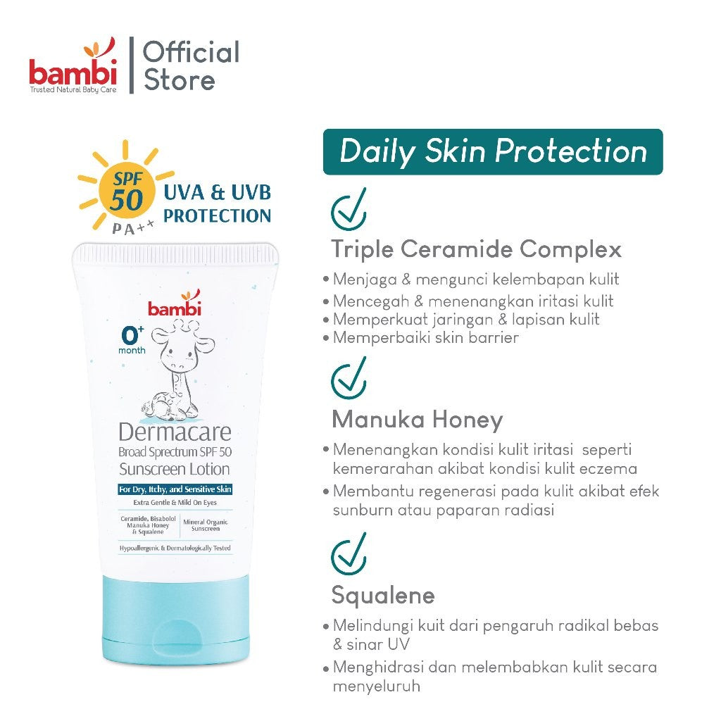 Bambi Dermacare Broad Spectrum SPF 50 Sunscreen Lotion | Sunscreen Pelindung Kulit Bayi dan Anak dari Sinar Matahari
