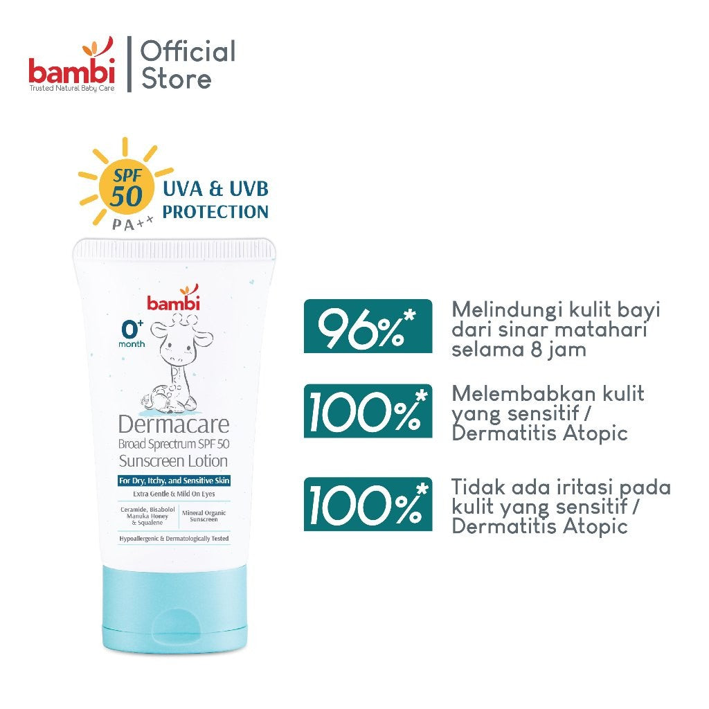 Bambi Dermacare Broad Spectrum SPF 50 Sunscreen Lotion | Sunscreen Pelindung Kulit Bayi dan Anak dari Sinar Matahari