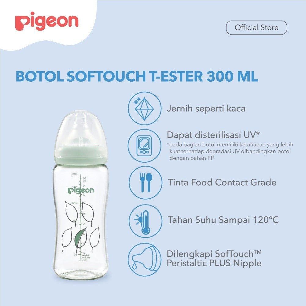 PIGEON Botol Softouch T-Ester Wide Neck Clear 200ml/300ML W/ P-Plus Nipple (BOTOL SUSU PIGEON) / Wide neck / perlengkapan menyusui anak bayi / Softouch / PPSU /botol susu kaca jernih / sinar uv