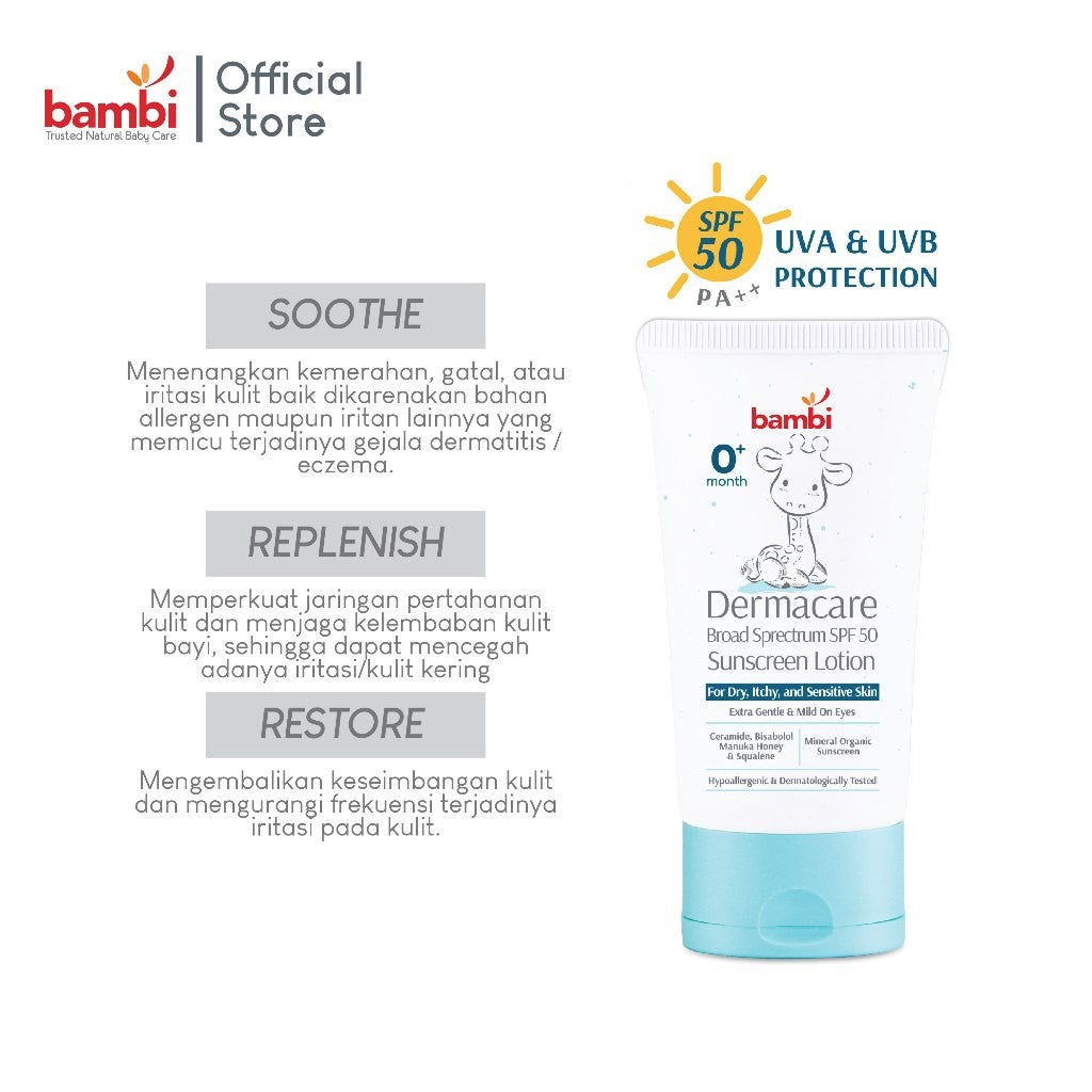 Bambi Dermacare Broad Spectrum SPF 50 Sunscreen Lotion | Sunscreen Pelindung Kulit Bayi dan Anak dari Sinar Matahari