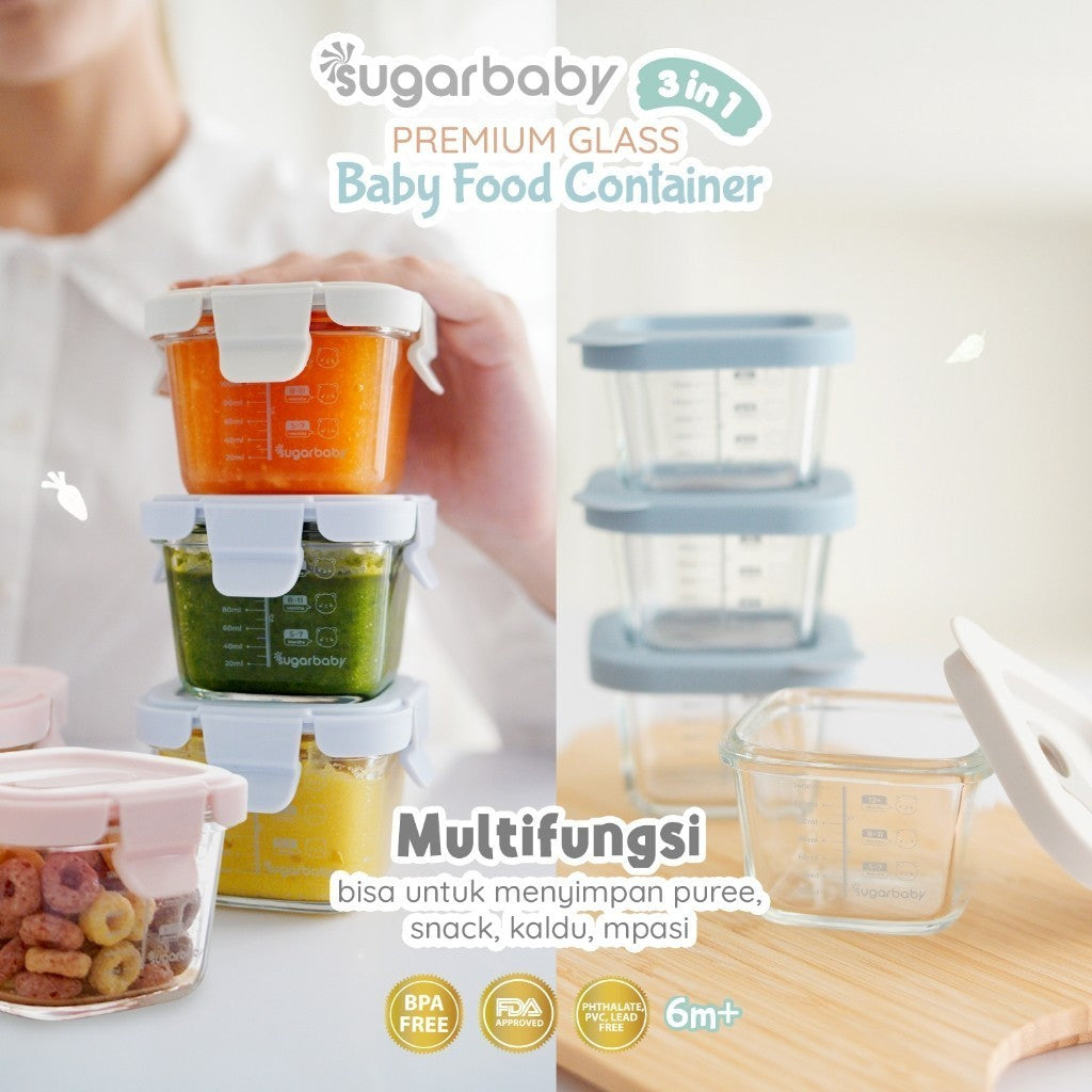 SugarBaby Premium Glass Jar Baby Food Container 3 pcs BPA FREE / Peralatan Makan Bayi MPASI / Wadah Mangkok Bayi Silicone Lid & Plastic Lid