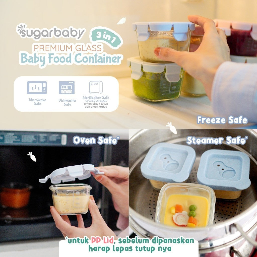 SugarBaby Premium Glass Jar Baby Food Container 3 pcs BPA FREE / Peralatan Makan Bayi MPASI / Wadah Mangkok Bayi Silicone Lid & Plastic Lid